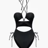 Tummy Control Solid Halter Tie Cut Out One-piece Swimsuit>MICAS Clearance