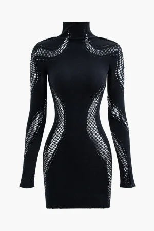 Turtleneck Cut Out Long Sleeve Mini Dress>MICAS Fashion