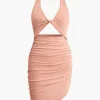 Twist Halter Cut Out Backless V-neck Midi Dress>MICAS Fashion