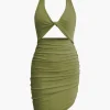 Twist Halter Cut Out Backless V-neck Midi Dress>MICAS Fashion