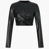 Twist Hem Faux Leather Long Sleeve Top>MICAS Online