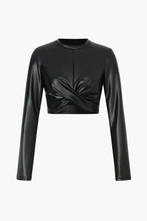 Twist Hem Faux Leather Long Sleeve Top>MICAS Online