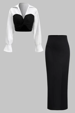 Twist Knot Patchwork Long Sleeve Shirt And Skirt Set>MICAS Discount