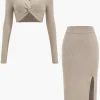 Twist Knot V-Neck Long-Sleeve Top And Side Slit Skirt Set>MICAS Outlet