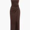 Twist Ruched Slit Sleeveless Midi Dress>MICAS Best