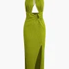 U-Ring Detail Halter Slit Backless Maxi Dress>MICAS Outlet