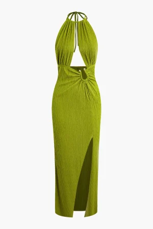 U-Ring Detail Halter Slit Backless Maxi Dress>MICAS Outlet