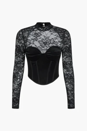 Velvet Patchwork Corset Backless Long-Sleeve Top>MICAS Clearance