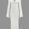 V-neck Crochet Open Knit Long Sleeve Maxi Dress>MICAS Discount