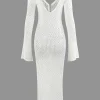 V-neck Crochet Open Knit Long Sleeve Maxi Dress>MICAS Discount