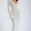 V-neck Crochet Open Knit Long Sleeve Maxi Dress>MICAS Discount