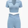 V-neck Cropped Top And Double Waistband Shorts Set>MICAS Fashion