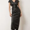 V-neck Faux Leather Cut Out Drawstring Midi Dress>MICAS Online