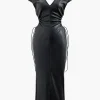 V-neck Faux Leather Cut Out Drawstring Midi Dress>MICAS Online