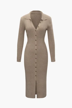 V-Neck Long Sleeve Mid-Length Sweater Dress>MICAS Outlet