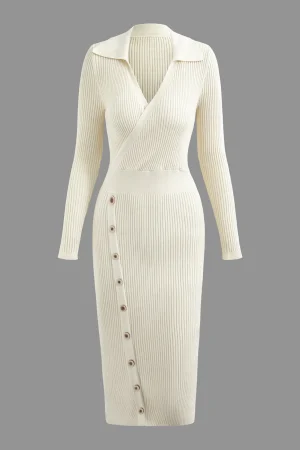 V-neck Rib Knit Collar Button Long Sleeve Midi Dress>MICAS Clearance