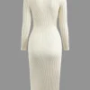 V-neck Rib Knit Collar Button Long Sleeve Midi Dress>MICAS Clearance