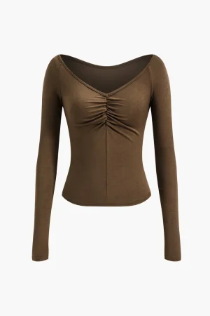 V-Neck Ruched Long-Sleeve Top>MICAS Fashion