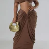 V-neck Ruched Top And V-shape Cut Waist Maxi Skirt Set>MICAS Online