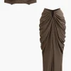 V-neck Ruched Top And V-shape Cut Waist Maxi Skirt Set>MICAS Online