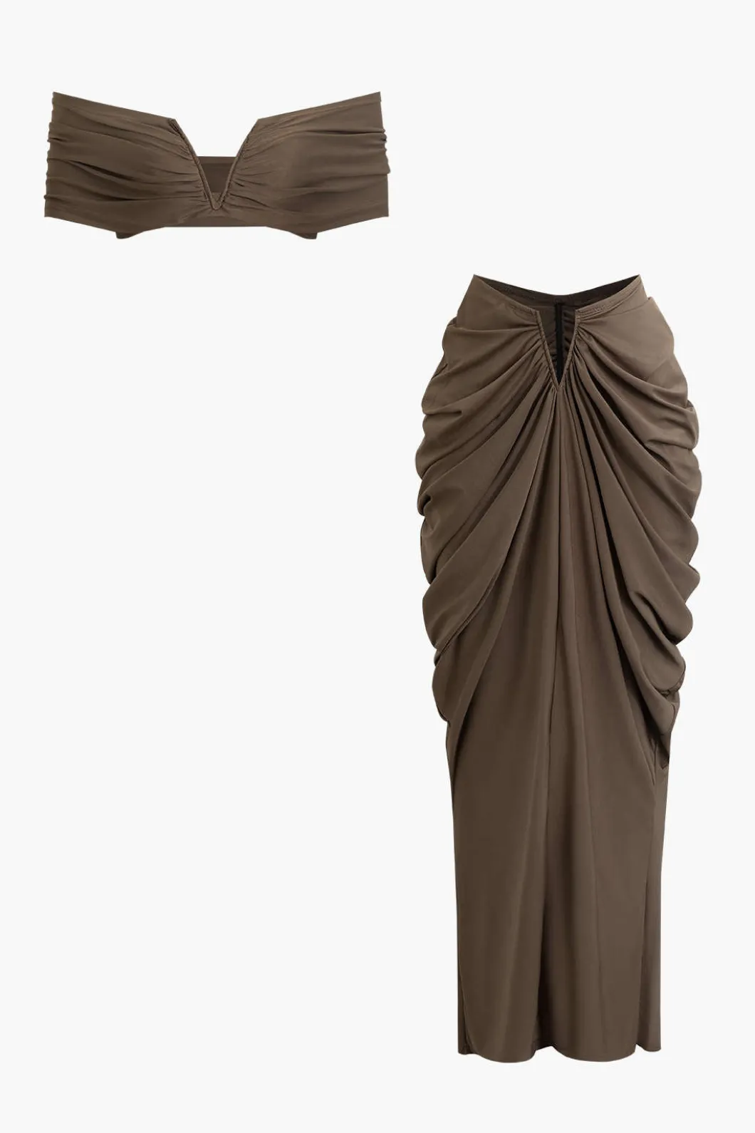 V-neck Ruched Top And V-shape Cut Waist Maxi Skirt Set>MICAS Online