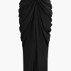 V-neck Ruched Top And V-shape Cut Waist Maxi Skirt Set>MICAS Online