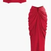 V-neck Ruched Top And V-shape Cut Waist Maxi Skirt Set>MICAS Online