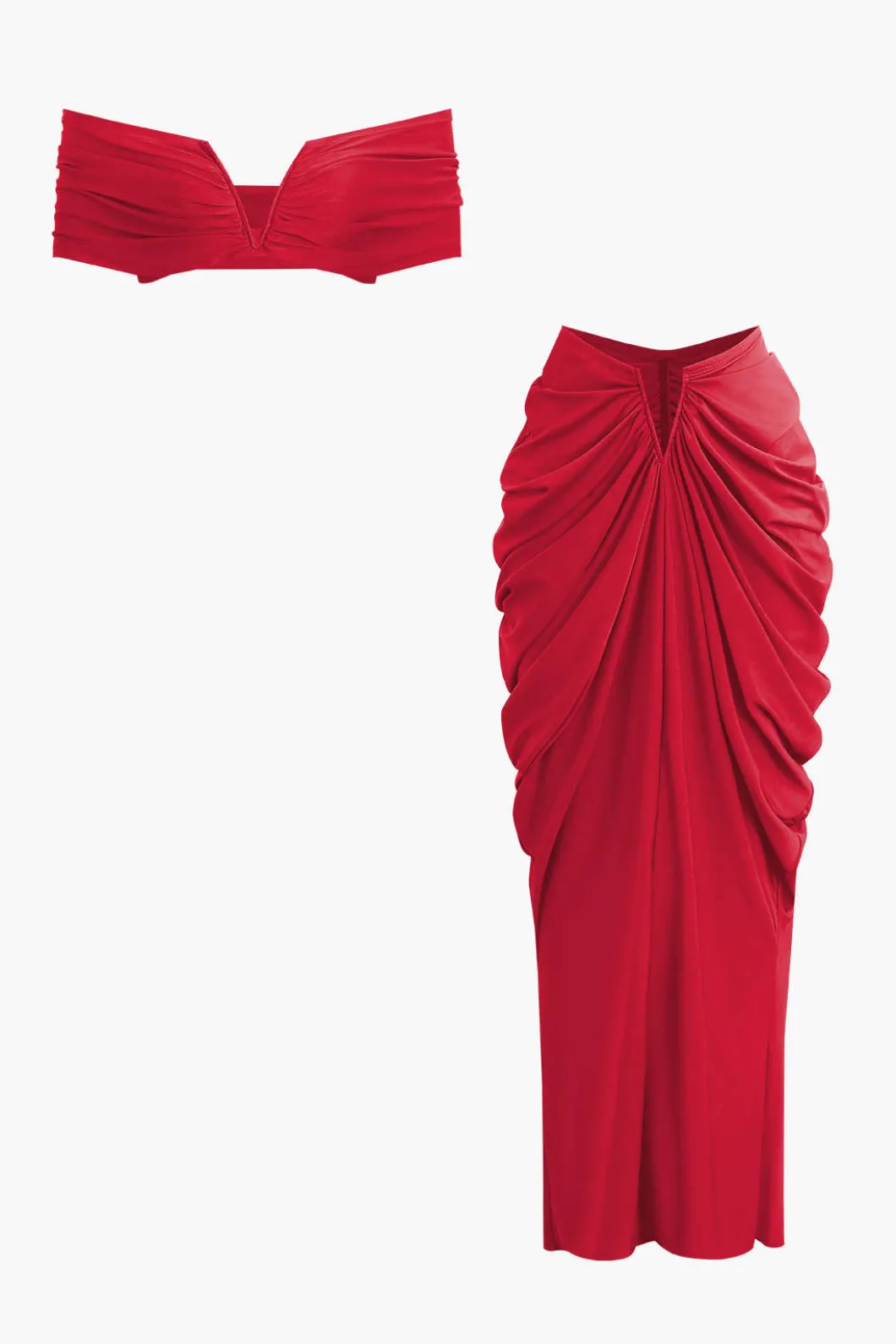 V-neck Ruched Top And V-shape Cut Waist Maxi Skirt Set>MICAS Online