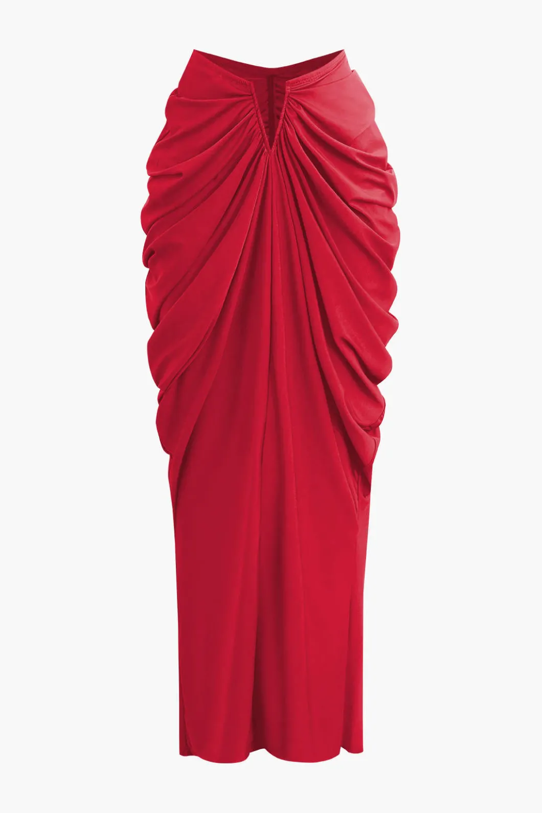 V-neck Ruched Top And V-shape Cut Waist Maxi Skirt Set>MICAS Online