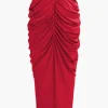 V-neck Ruched Top And V-shape Cut Waist Maxi Skirt Set>MICAS Online