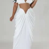 V-neck Ruched Top And V-shape Cut Waist Maxi Skirt Set>MICAS Online