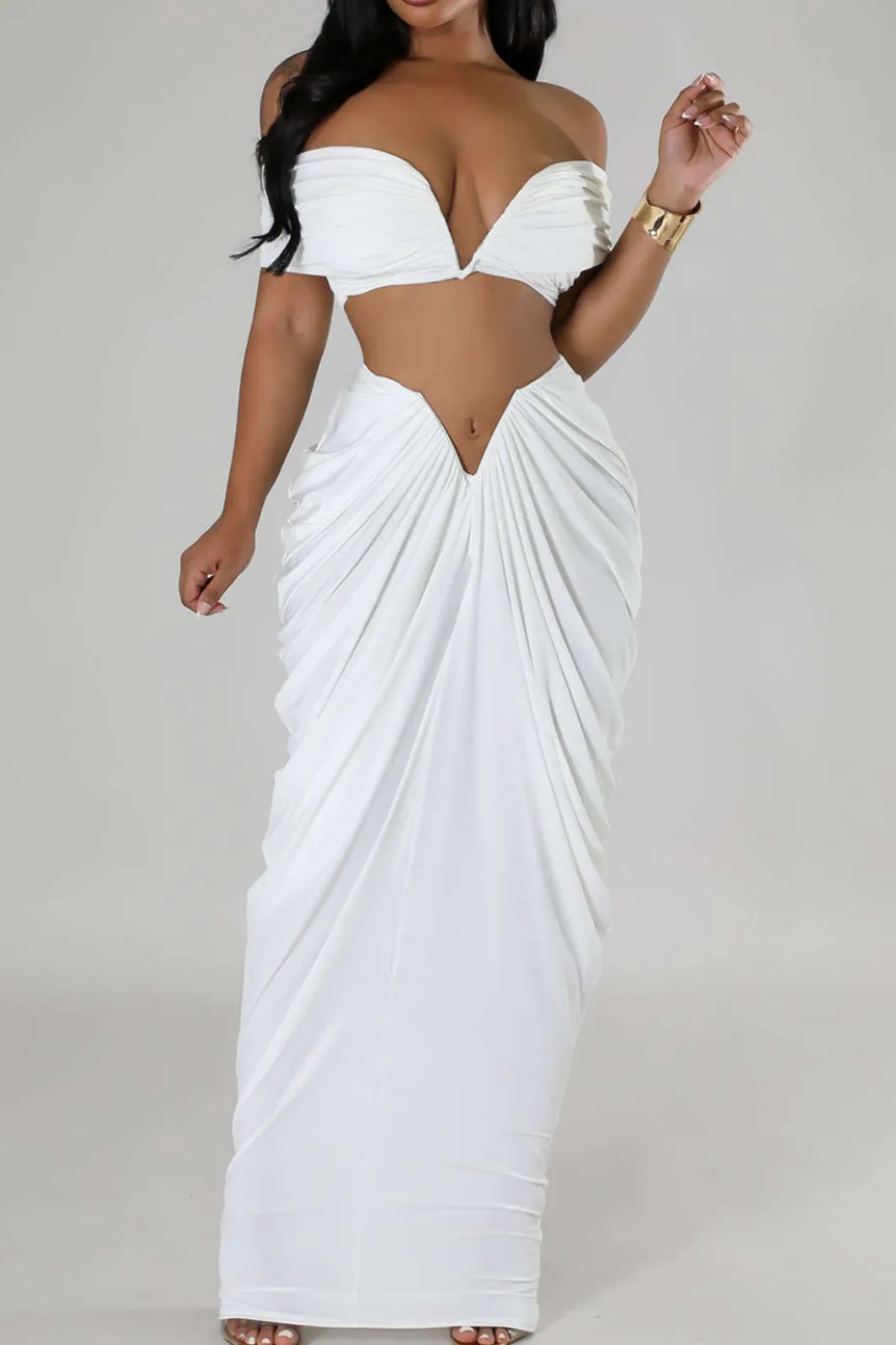 V-neck Ruched Top And V-shape Cut Waist Maxi Skirt Set>MICAS Online