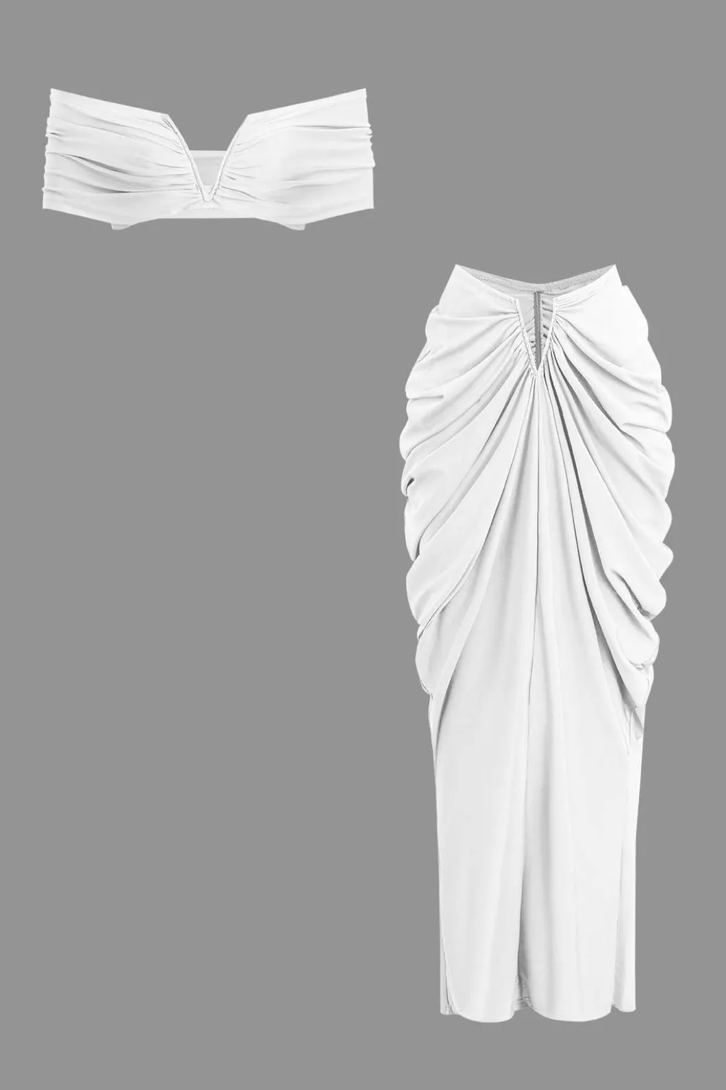 V-neck Ruched Top And V-shape Cut Waist Maxi Skirt Set>MICAS Online