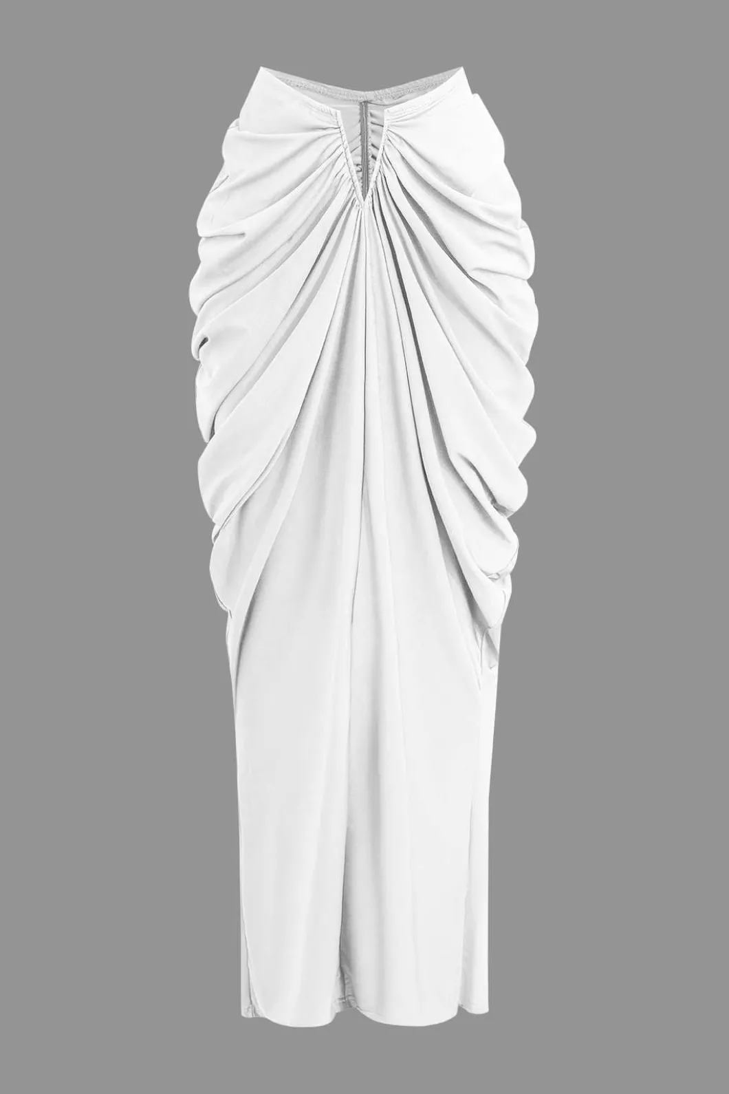 V-neck Ruched Top And V-shape Cut Waist Maxi Skirt Set>MICAS Online