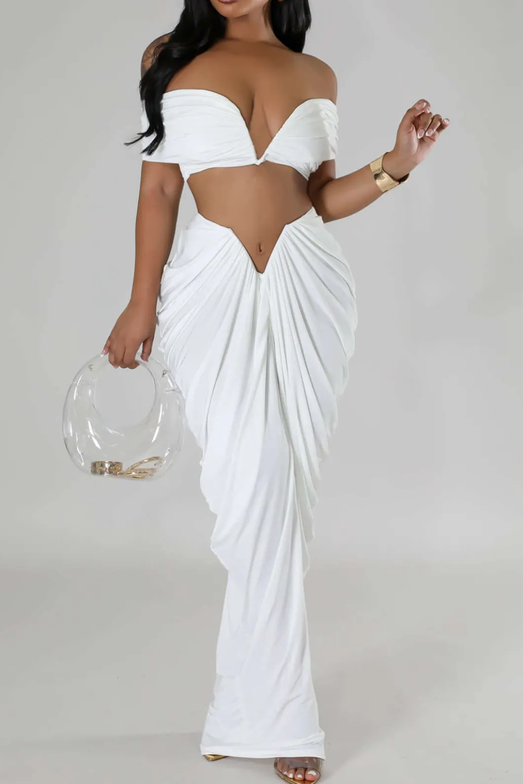 V-neck Ruched Top And V-shape Cut Waist Maxi Skirt Set>MICAS Online