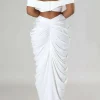 V-neck Ruched Top And V-shape Cut Waist Maxi Skirt Set>MICAS Online