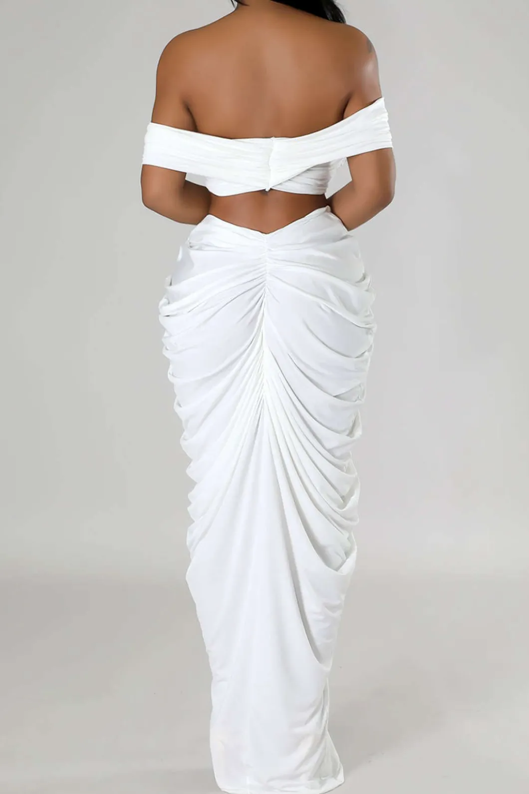 V-neck Ruched Top And V-shape Cut Waist Maxi Skirt Set>MICAS Online