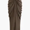 V-neck Ruched Top And V-shape Cut Waist Maxi Skirt Set>MICAS Online