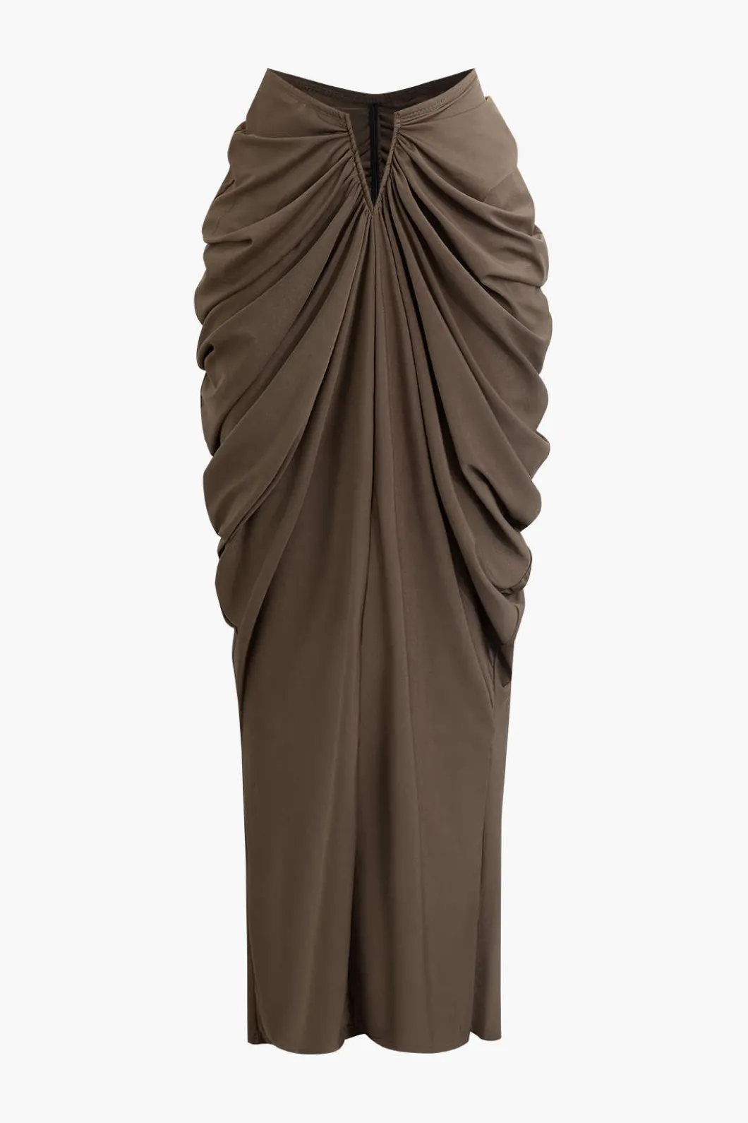 V-neck Ruched Top And V-shape Cut Waist Maxi Skirt Set>MICAS Online