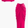 V-neck Ruched Top And V-shape Cut Waist Maxi Skirt Set>MICAS Online