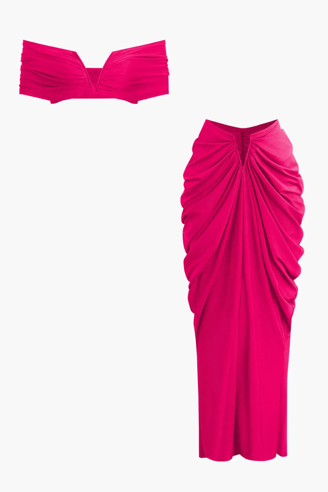 V-neck Ruched Top And V-shape Cut Waist Maxi Skirt Set>MICAS Online