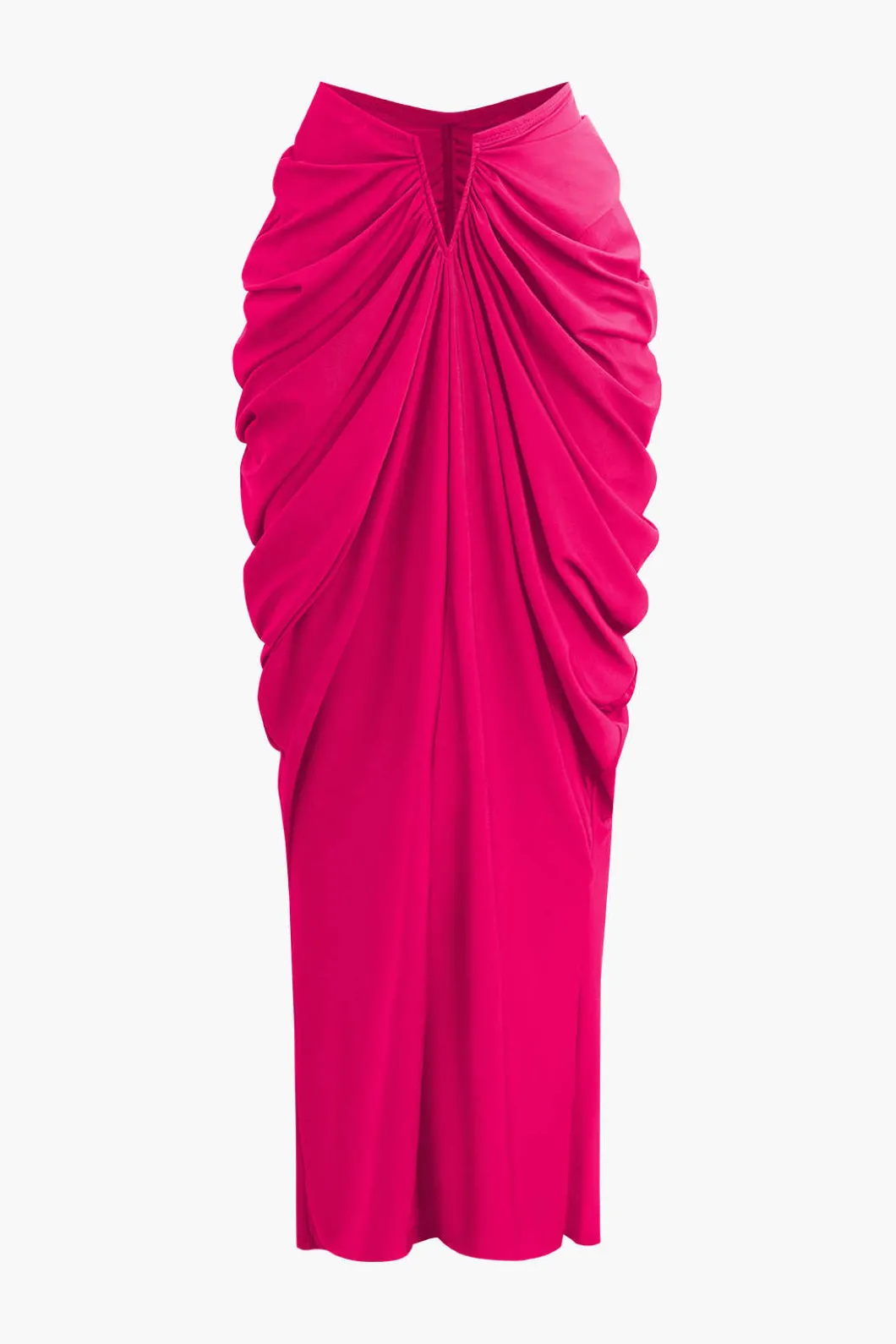 V-neck Ruched Top And V-shape Cut Waist Maxi Skirt Set>MICAS Online