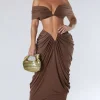 V-neck Ruched Top And V-shape Cut Waist Maxi Skirt Set>MICAS Online