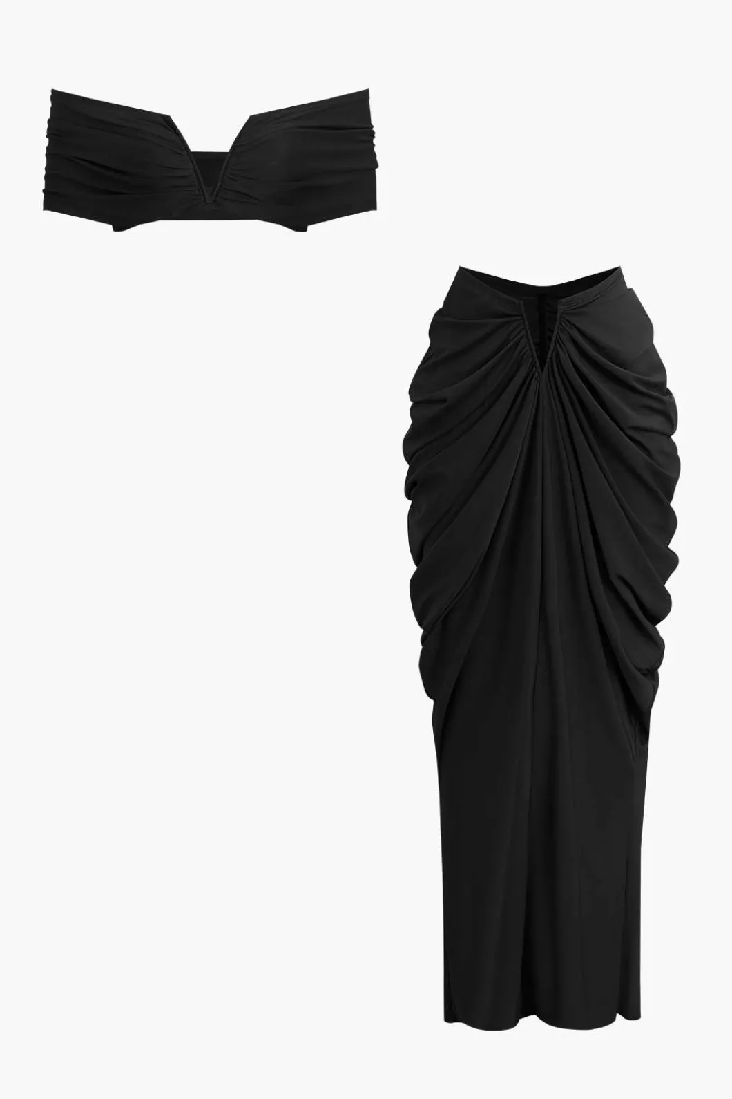 V-neck Ruched Top And V-shape Cut Waist Maxi Skirt Set>MICAS Online