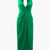 V-neck Satin Pleated Dress With Neck Scarf>MICAS Best