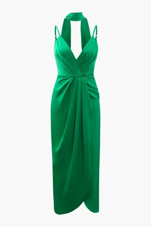 V-neck Satin Pleated Dress With Neck Scarf>MICAS Best