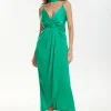 V-neck Satin Pleated Dress With Neck Scarf>MICAS Best