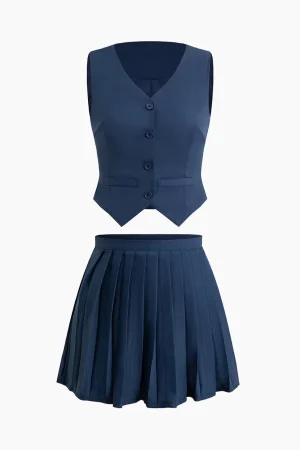 V-neck Vest And Pleated Mini Skirt Set>MICAS Best