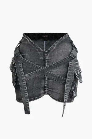 V-waist Buckle Flap Pocket Denim Cargo Skirt>MICAS Outlet