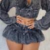 Washed Denim Crop Top And Pleated Mini Skirt Set>MICAS New